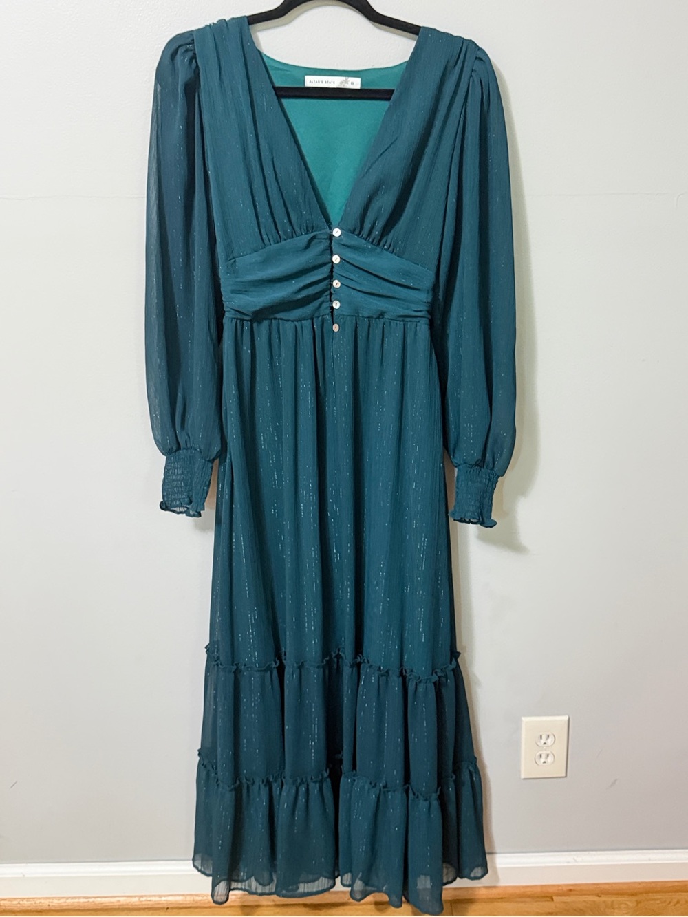 Altar’d State Teal Metallic Maxi Dress Boho Long Sleeve Smocked Back Medium